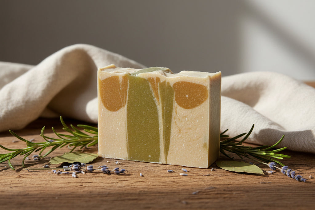 Aloe Glow Soap Bar with aloe vera and goat milk ingredients on a white surface with natural lighting
