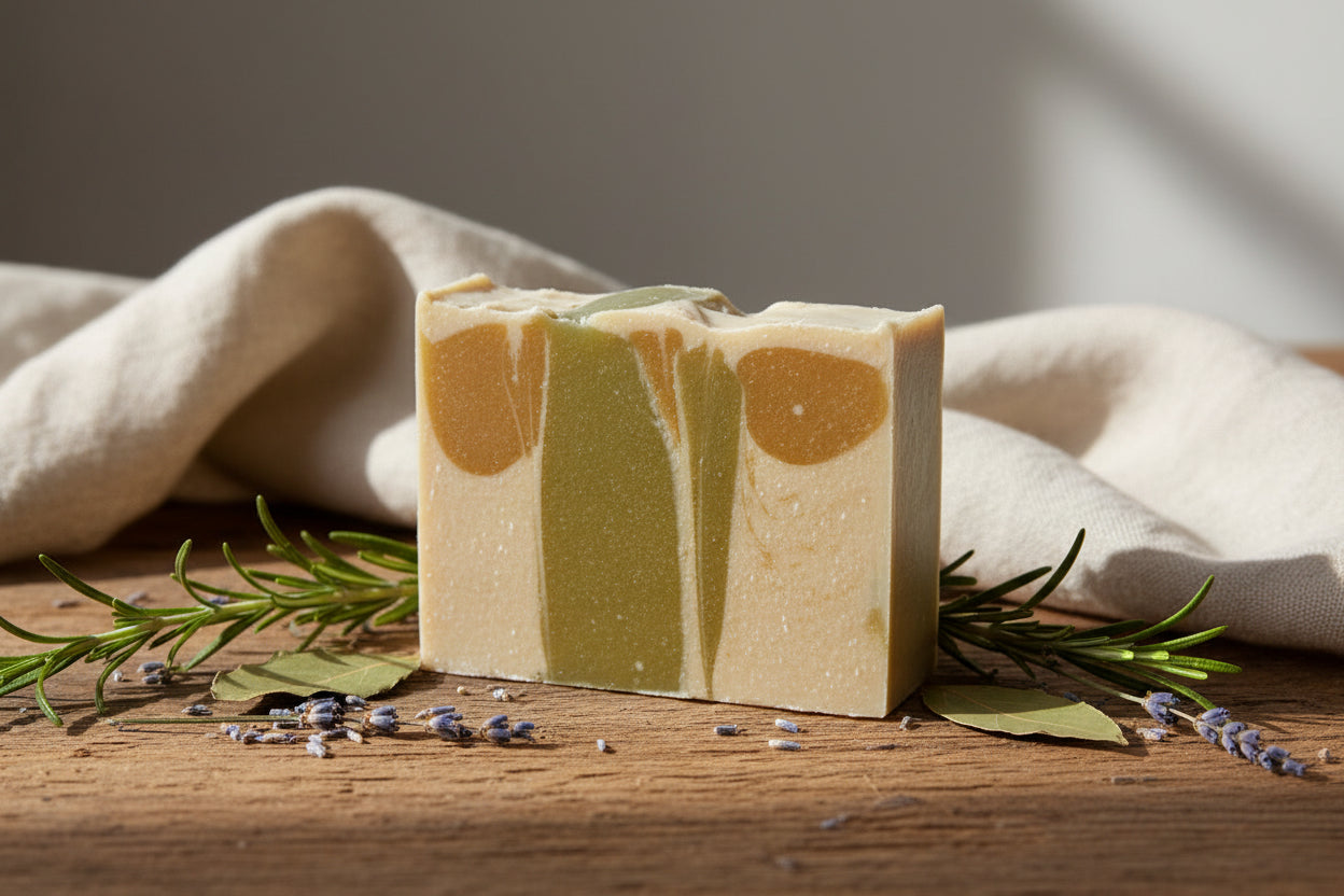 Aloe Glow Soap Bar with aloe vera and goat milk ingredients on a white surface with natural lighting