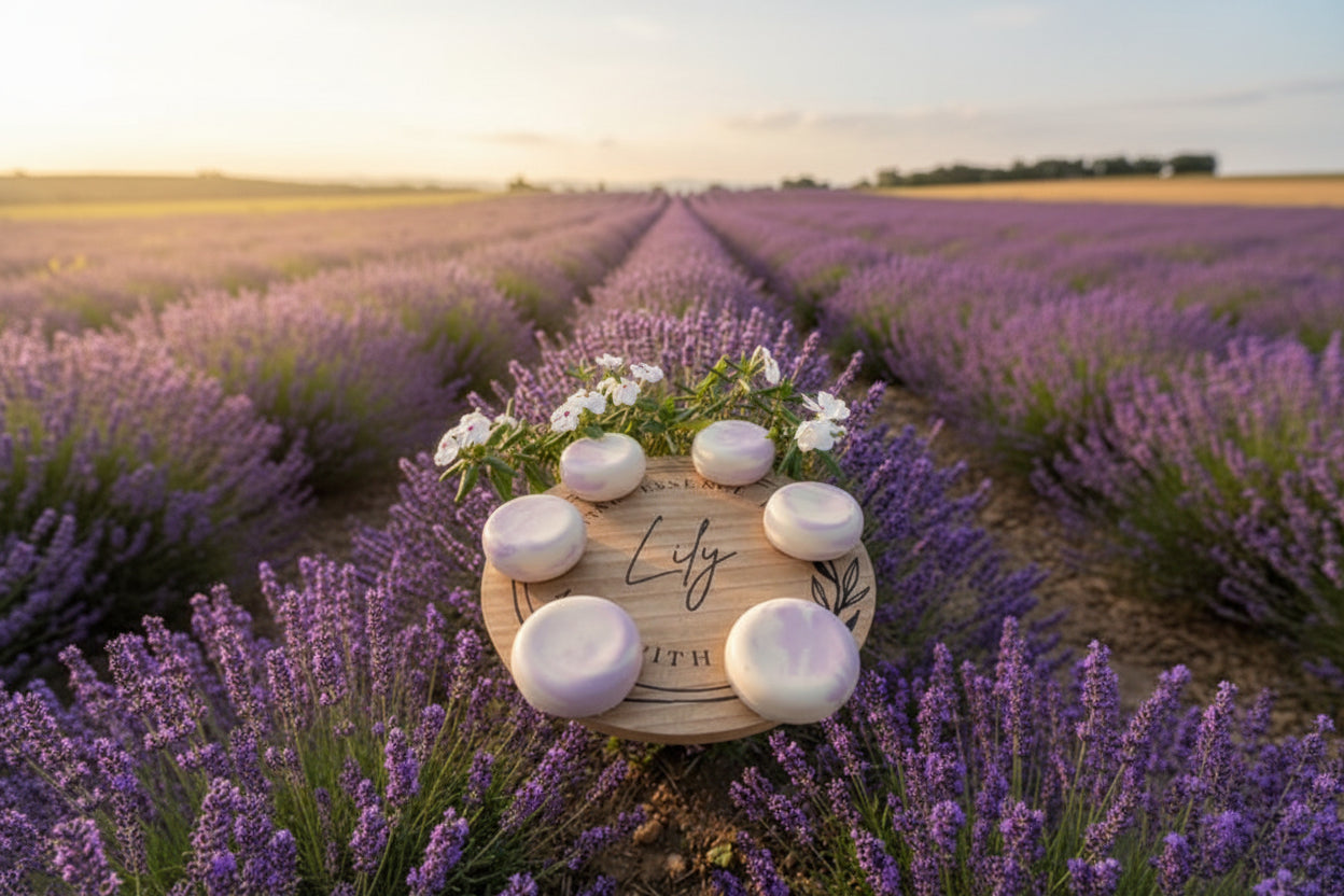 Six round pale lavender soap bars arranged on a wooden tray outdoors in a lavender field at sunset, with white flowers and greenery around the tray.