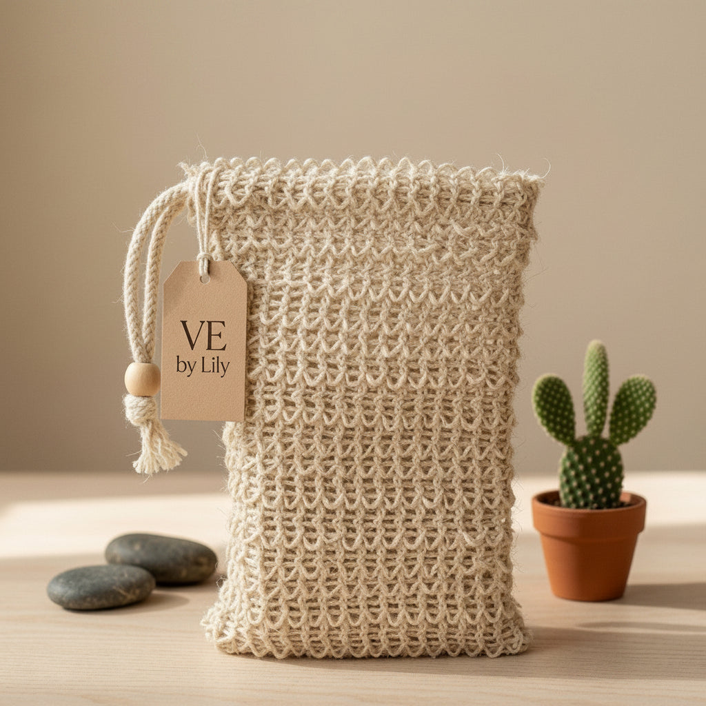 Vital Essence Soap Satchel made of natural sisal fiber with cotton drawstring for exfoliating and extending soap life