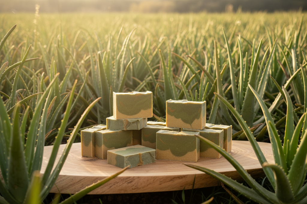 Aloe glow soap bar with aloe vera and goat milk ingredients on white background