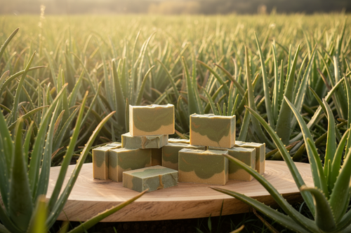 Aloe glow soap bar with aloe vera and goat milk ingredients on white background