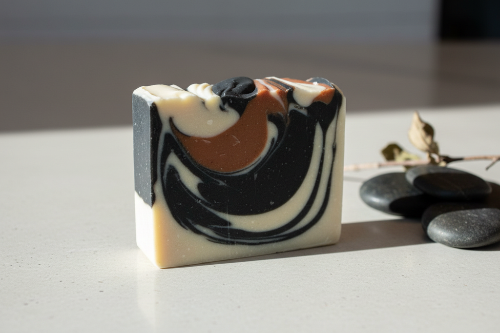 Handcrafted Charcoal Goat Milk Oatmeal Soap bar with activated charcoal, goat milk, and oatmeal for deep cleansing and soothing skin benefits