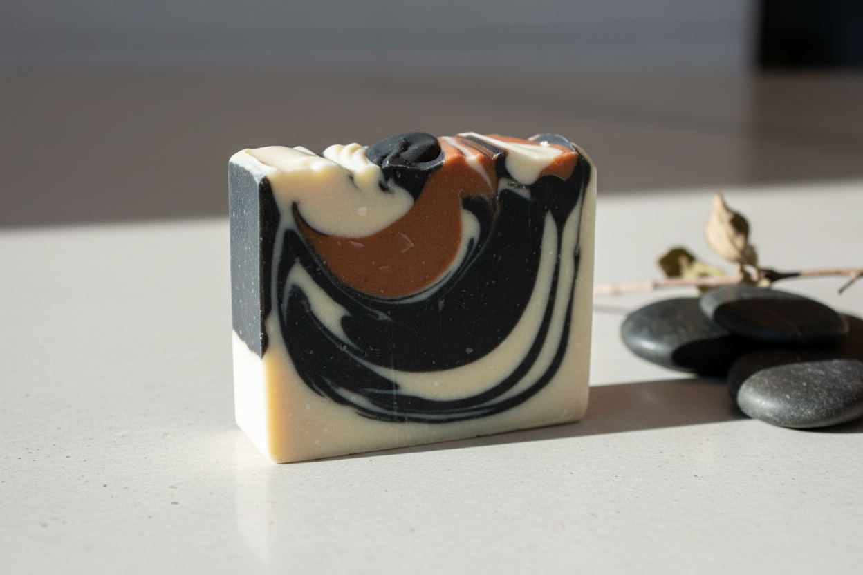 Handcrafted Charcoal Goat Milk Oatmeal Soap bar with activated charcoal, goat milk, and oatmeal for deep cleansing and soothing skin benefits
