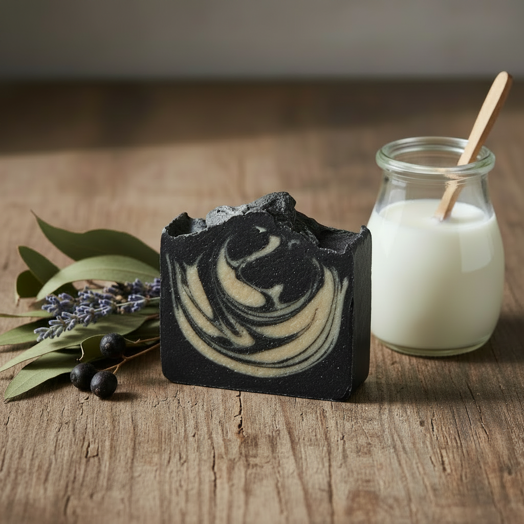 Charcoal + Goat Milk + Oatmeal Soap bar with activated charcoal, goat milk, and oatmeal for deep cleansing and soothing skin care