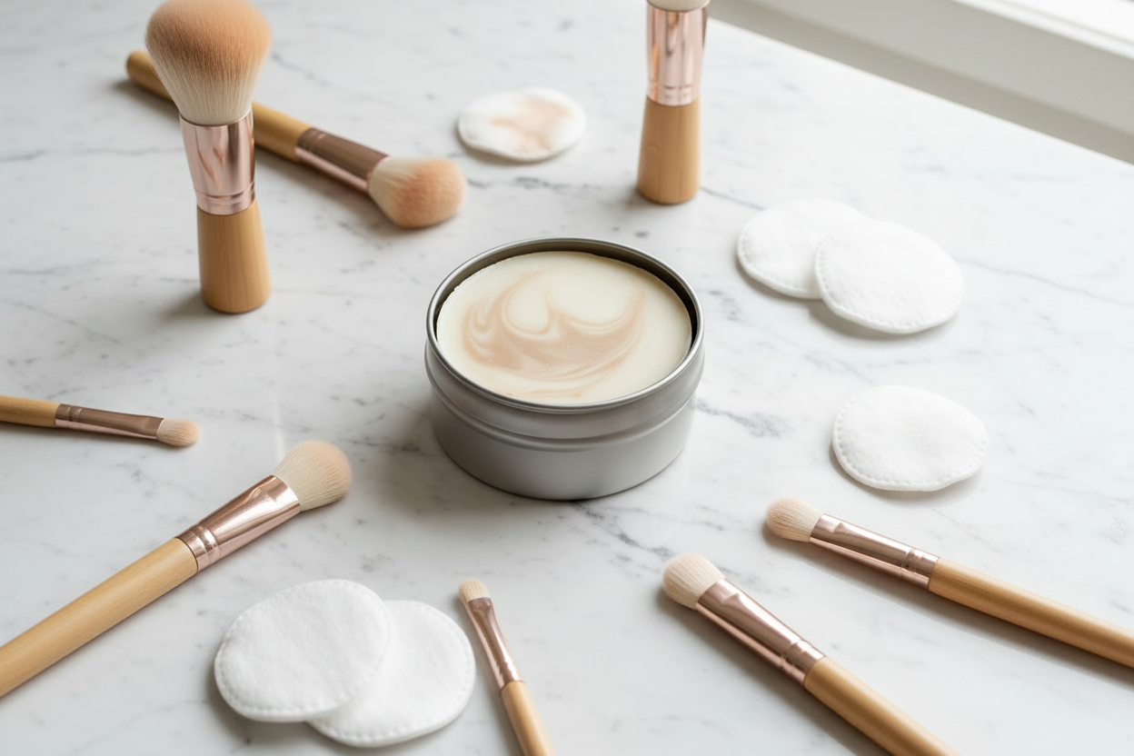 Round handmade makeup brush cleansing soap in a shallow tin can with clean and used makeup brushes