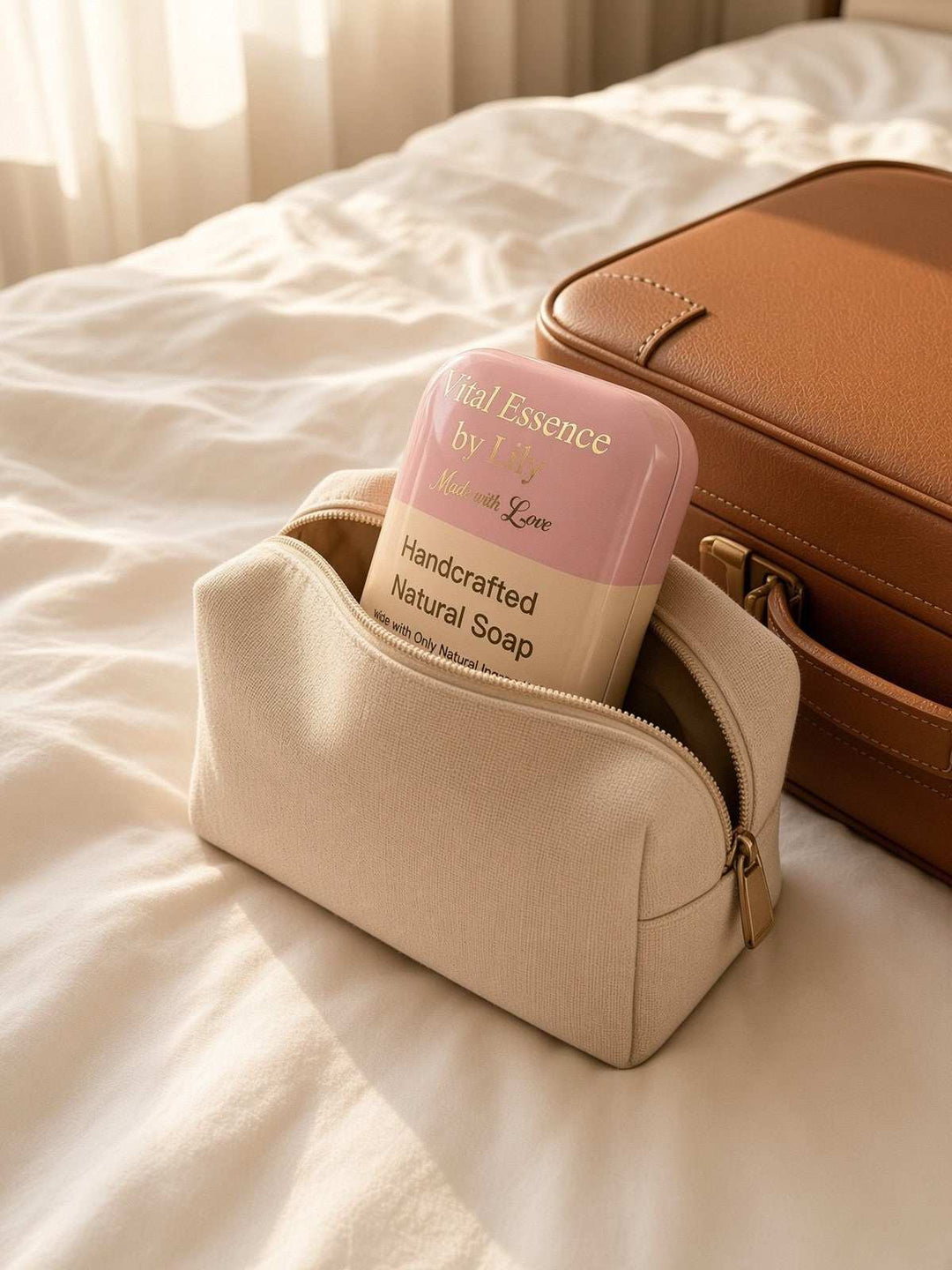 Vital Essence by Lily handcrafted natural soap travel tin case in pink and beige