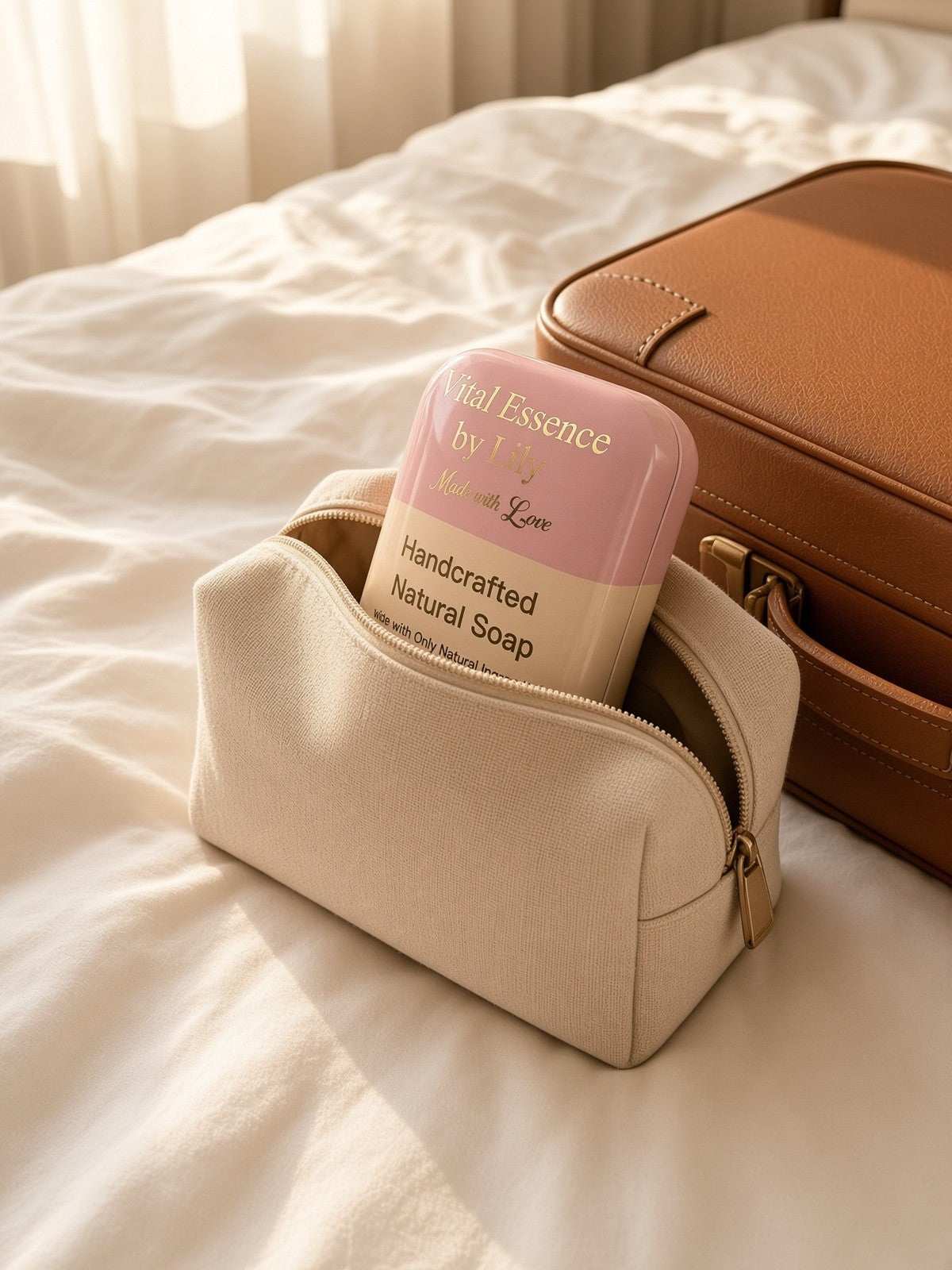 Vital Essence by Lily handcrafted natural soap travel tin case in pink and beige
