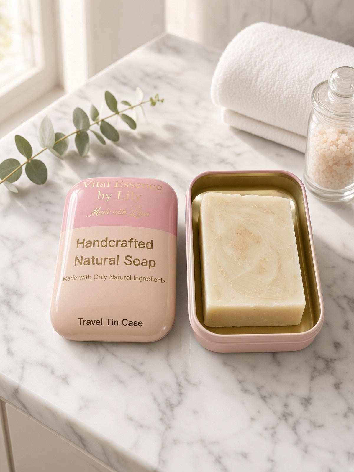 Vital Essence by Lily handcrafted natural soap travel tin case in pink and beige